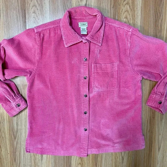 XS 1990s OVERSIZED L.L. Bean Salmon Corduroy Button Up Shirt Jacket - Picture 2 of 10